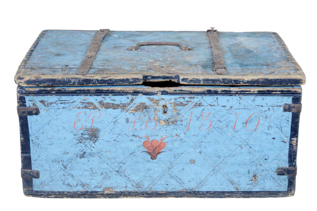 19TH CENTURY PAINTED SWEDISH PAINTED PINE WORK BOX