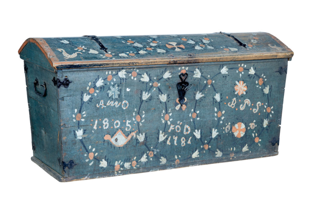 Swedish 19th Century Folk Art Hand Painted Dome Top Coffer