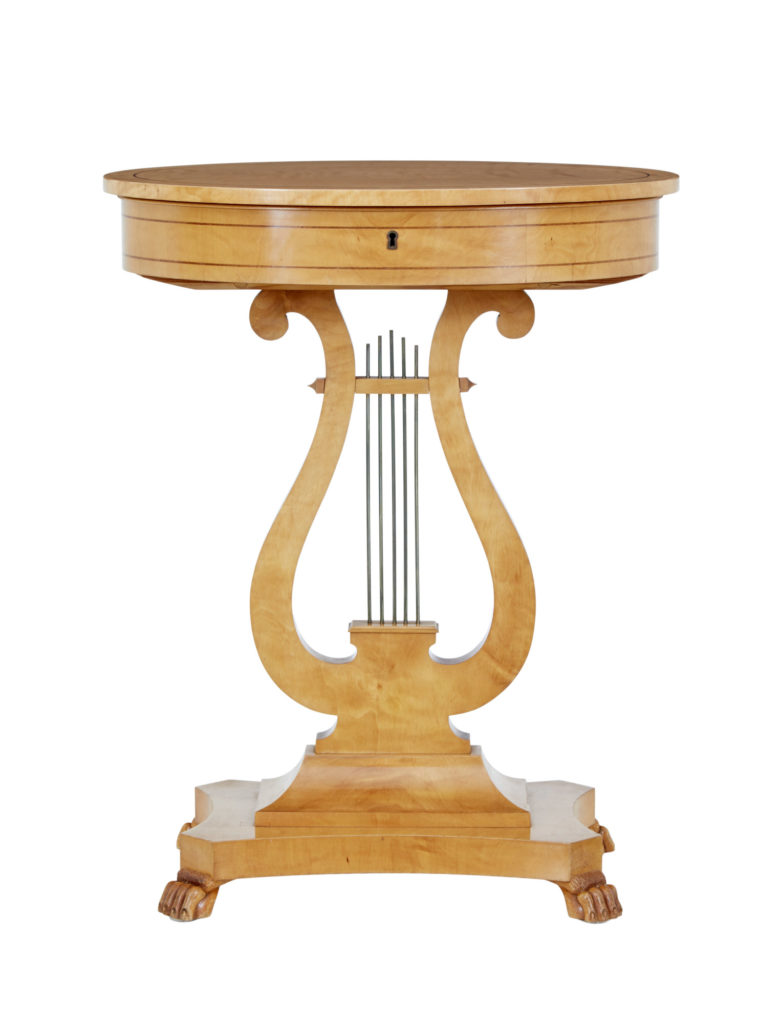 Early 20th Century Swedish Birch Lyre Sewing Table