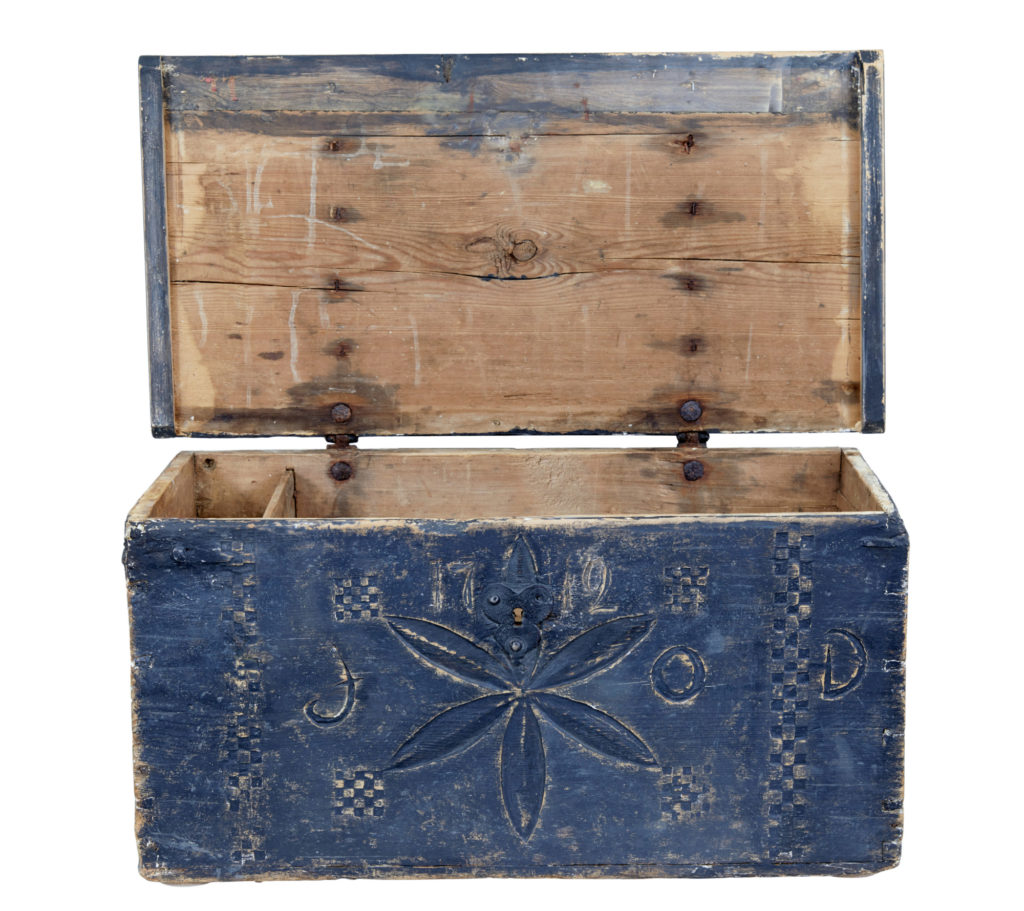 Swedish 18th Century Carved Pine Folk Art Painted Box — image 7