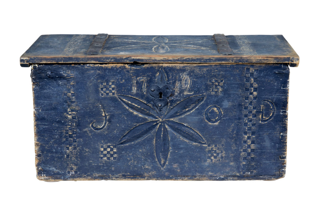 Swedish 18th Century Carved Pine Folk Art Painted Box