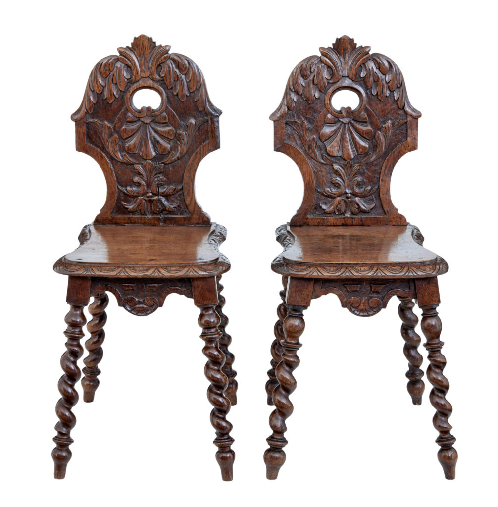 Pair of 19th Century Carved Oak Hall Chairs
