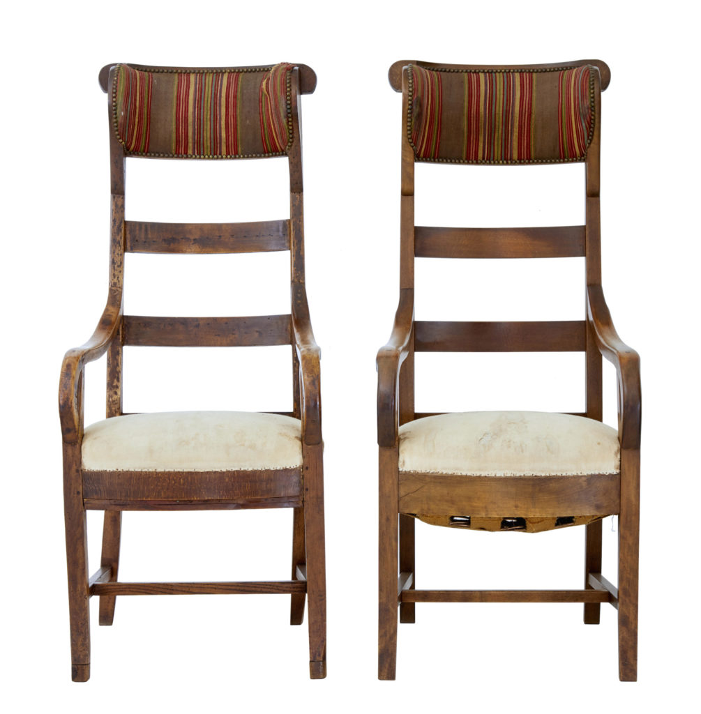 Unusual Pair of 19th Century Fruitwood High Back Armchairs