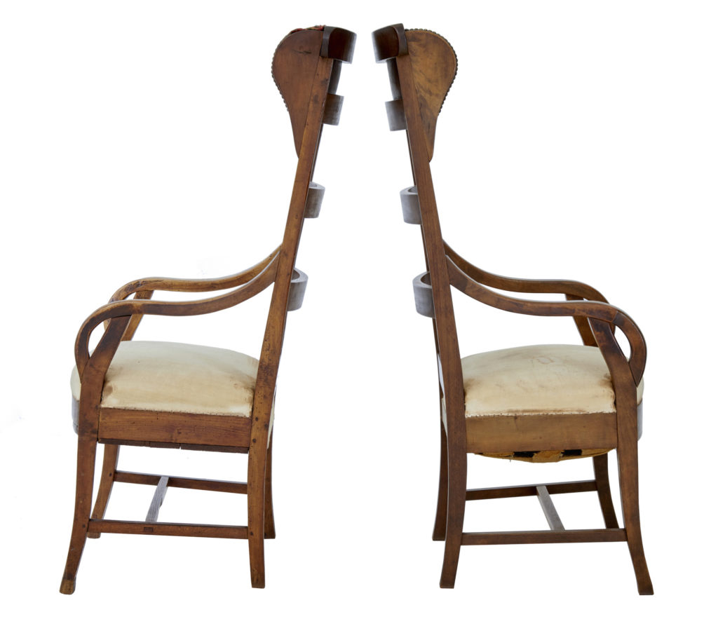 Unusual Pair of 19th Century Fruitwood High Back Armchairs — image 5