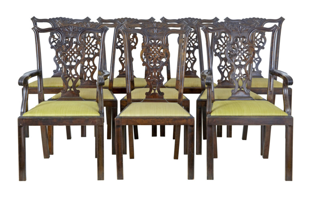 Set of 8+2 19th Century Carved Birch Chippendale Design Dining Chairs