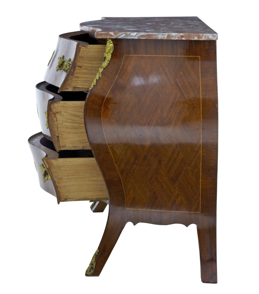 1950S Swedish Kingwood and Mahogany Marble Top Bombe Chest of Drawers — image 5