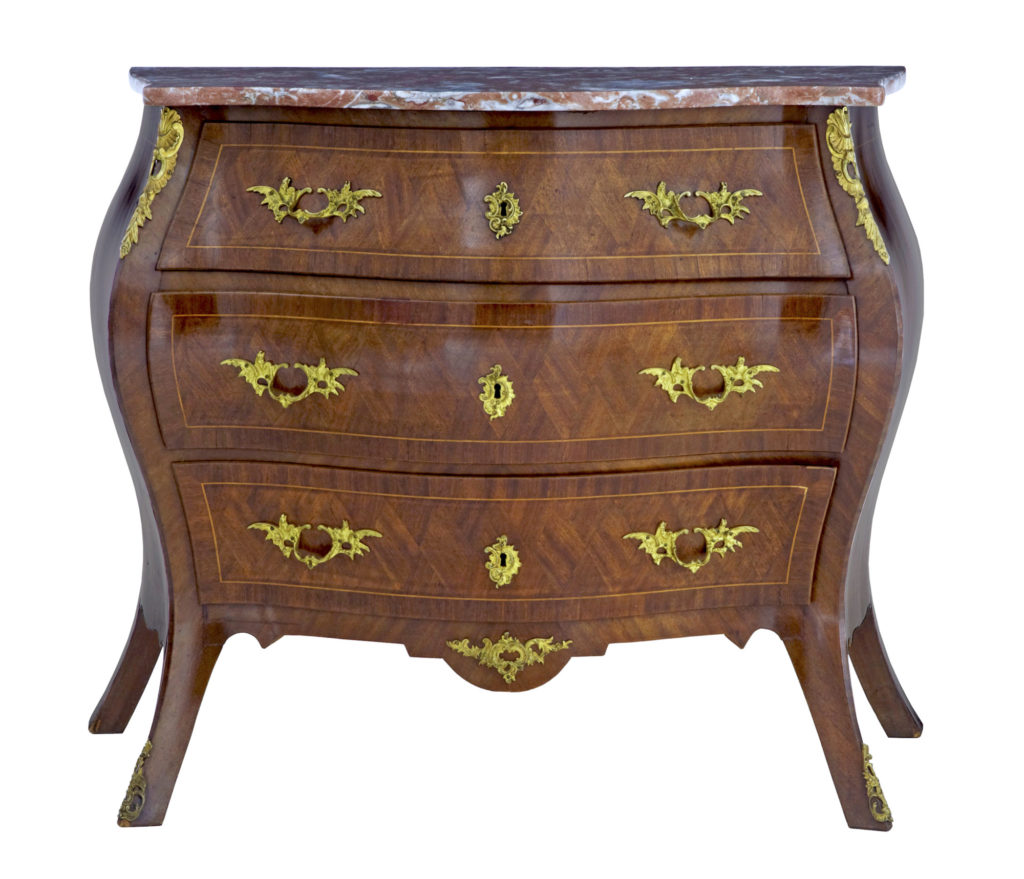 1950S Swedish Kingwood and Mahogany Marble Top Bombe Chest of Drawers — image 1
