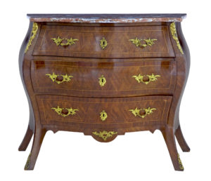 1950S Swedish Kingwood and Mahogany Marble Top Bombe Chest of Drawers — thumbnail 1