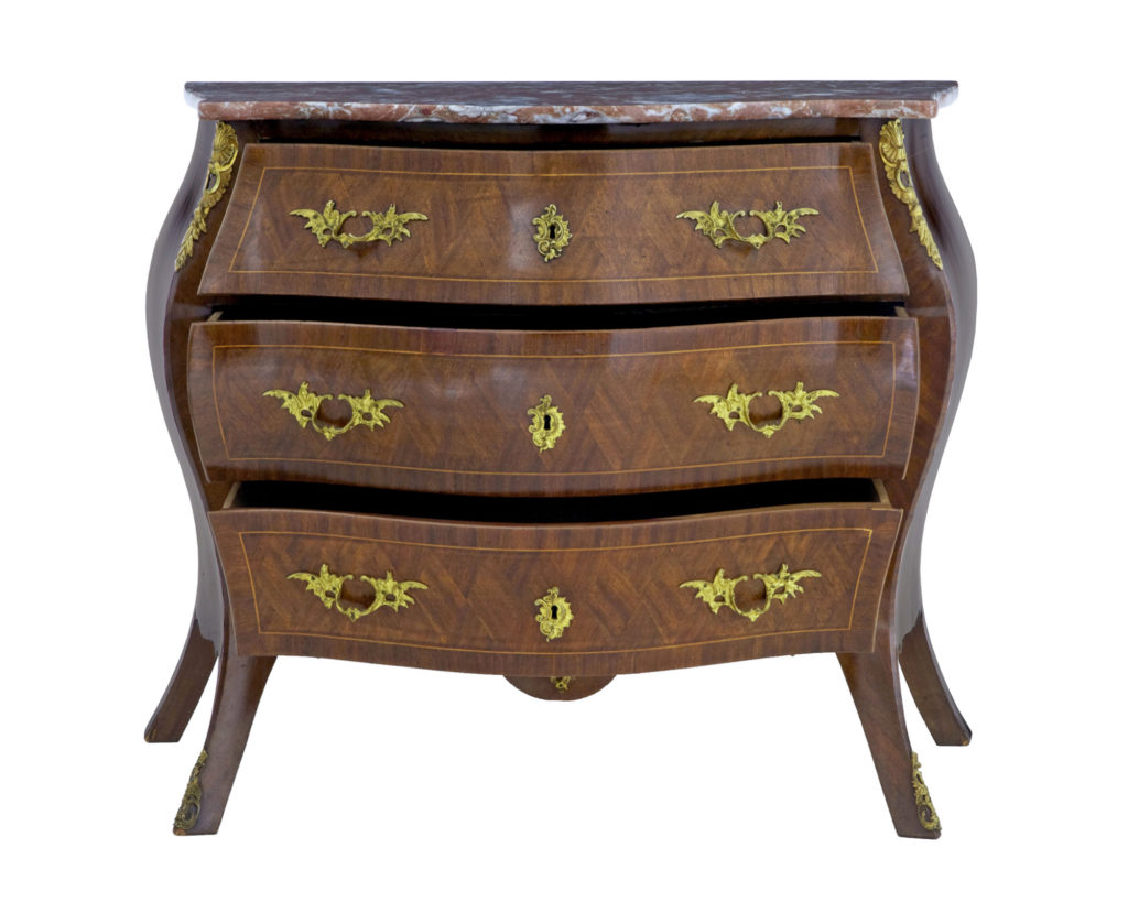 1950S Swedish Kingwood and Mahogany Marble Top Bombe Chest of Drawers — image 6