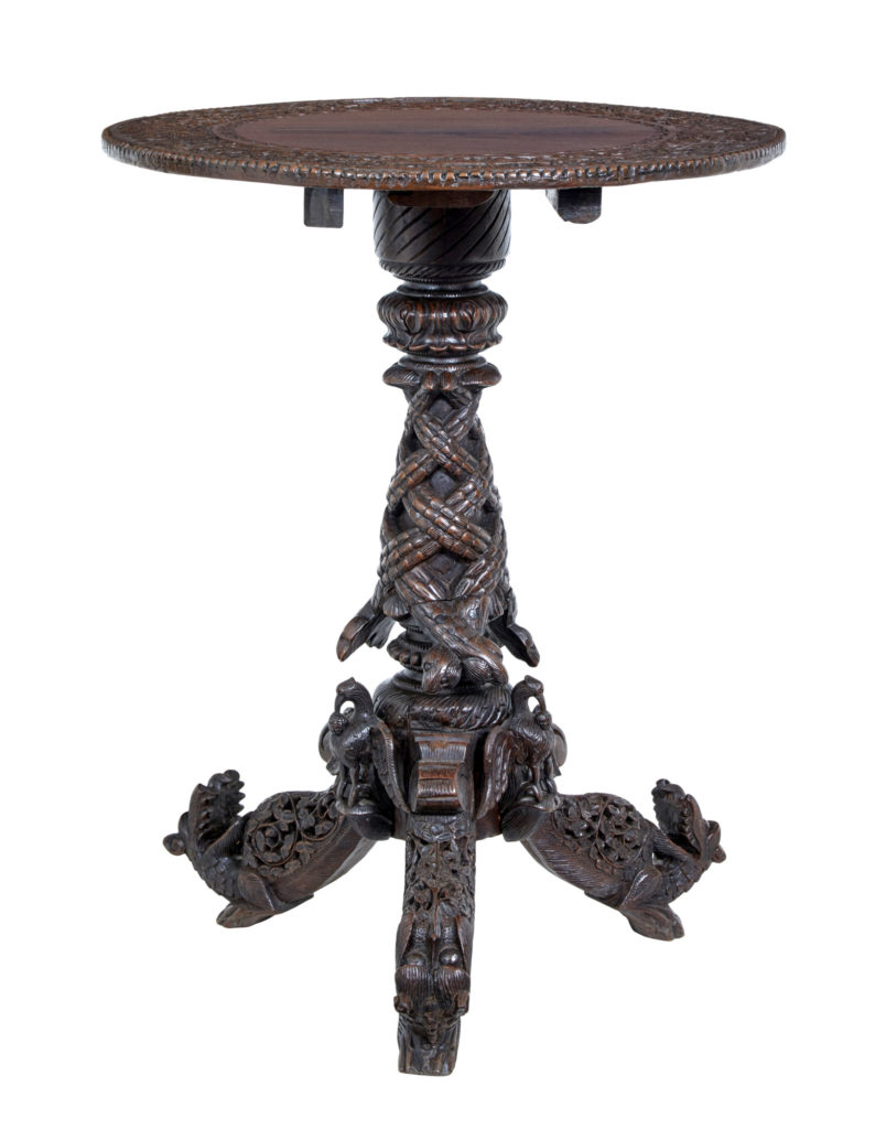 19th Century Carved Anglo Indian Padouk Tilt Top Table
