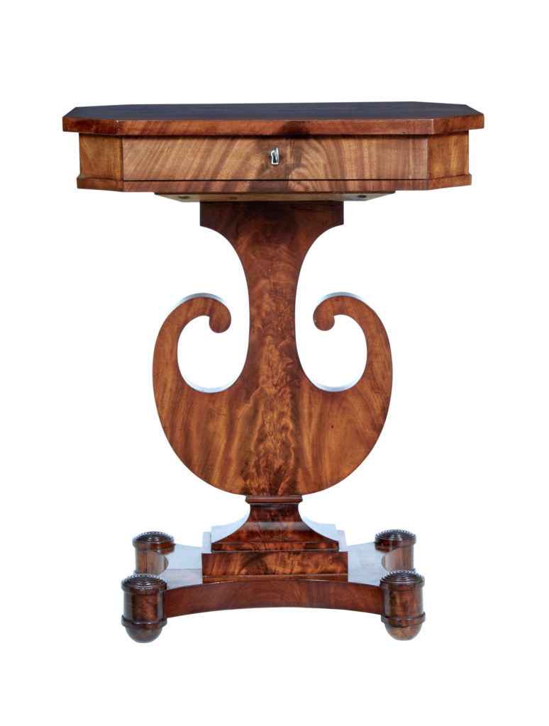 19th Century Flame Mahogany Lyre Form Sewing Table