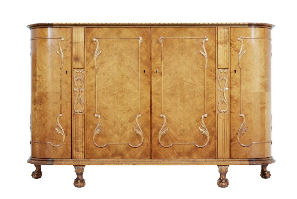Mid 20th Century Swedish Birch Chippendale Revival Bowfront Sideboard