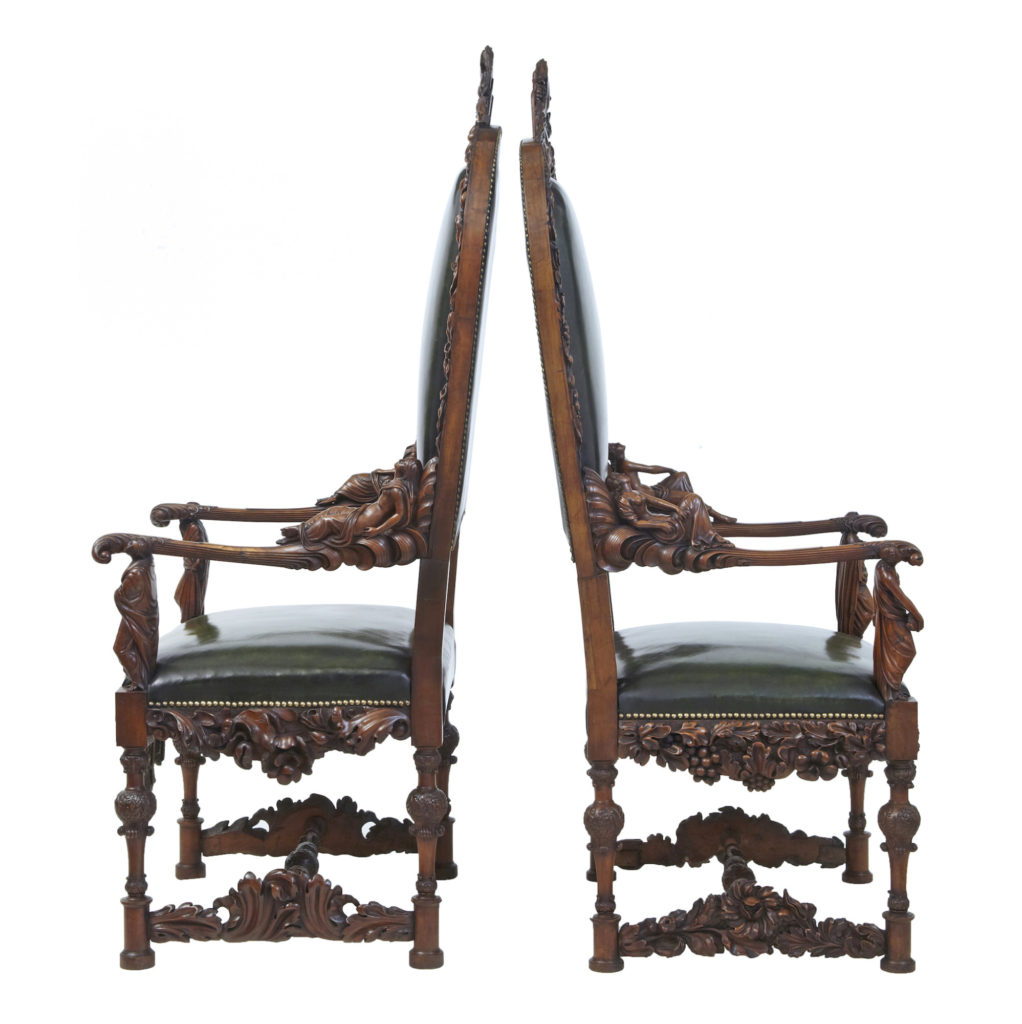 Impressive Pair of 19th Century Carved Walnut Florentine Renaissance Armchairs — image 13