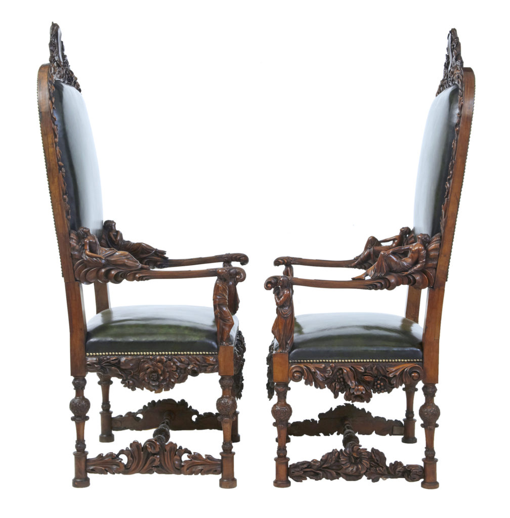 Impressive Pair of 19th Century Carved Walnut Florentine Renaissance Armchairs — image 12