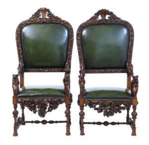 Impressive Pair of 19th Century Carved Walnut Florentine Renaissance Armchairs — thumbnail 1