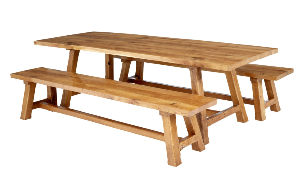 IMPRESSIVE SOLID OAK DINING TABLE AND BENCHES BY GARBO