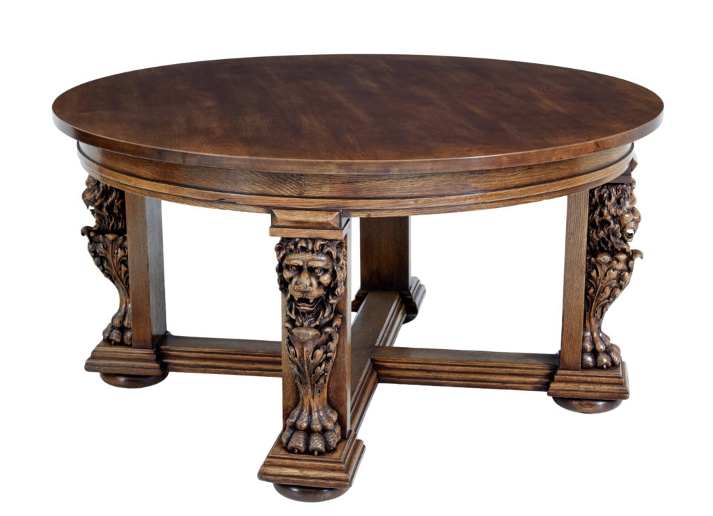 Large 19th Century Carved Lion Head Oak Center Table