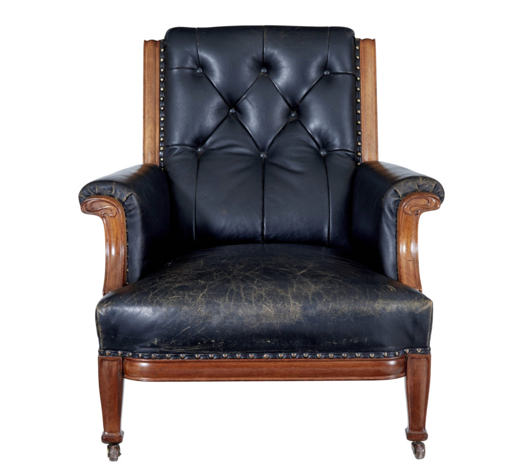 Early 20th Century Art Nouveau Walnut and Leather Armchair — image 8
