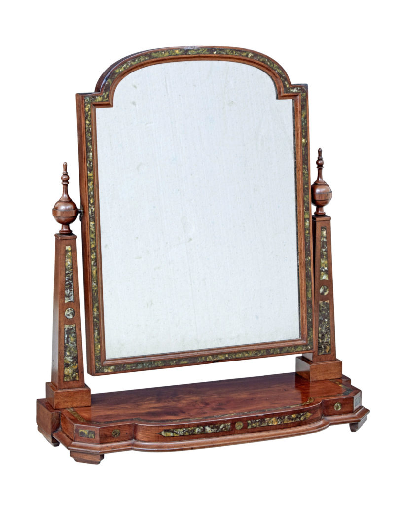 MID 19TH CENTURY MAHOGANY DRESSING MIRROR WITH PEA SHELL INLAY