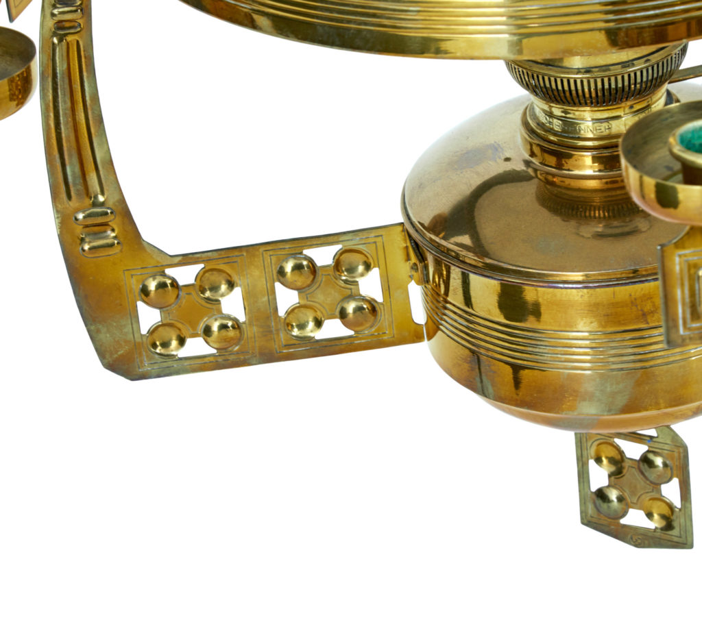 19th Century Arts and Crafts Brass Hanging Oil Chandelier — image 2