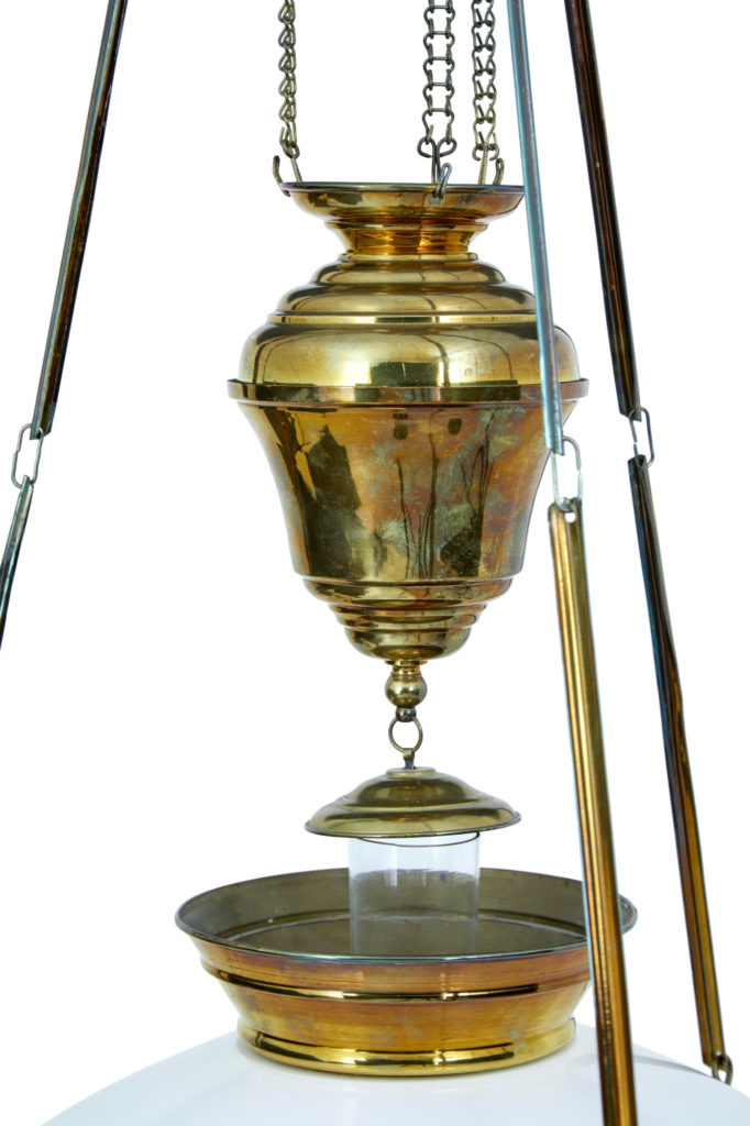 19th Century Arts and Crafts Brass Hanging Oil Chandelier — image 3