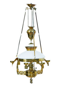 19th Century Arts and Crafts Brass Hanging Oil Chandelier — thumbnail 5