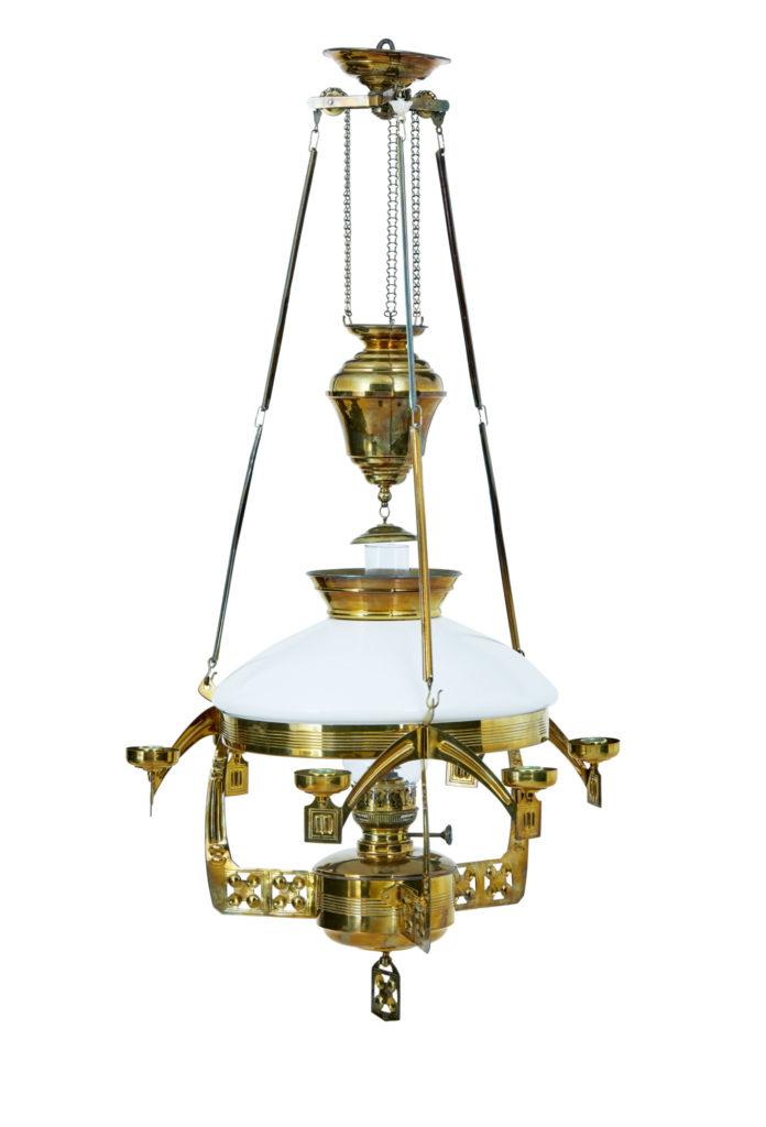 19th Century Arts and Crafts Brass Hanging Oil Chandelier — image 5