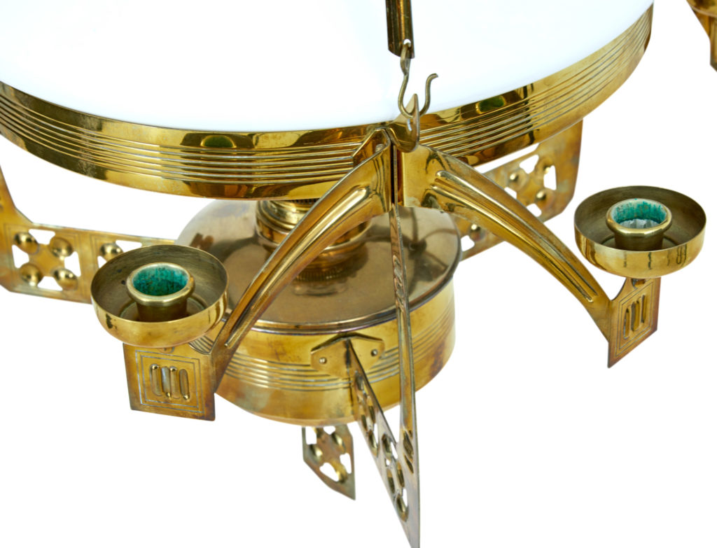 19th Century Arts and Crafts Brass Hanging Oil Chandelier — image 4