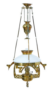 19th Century Arts and Crafts Brass Hanging Oil Chandelier — thumbnail 1