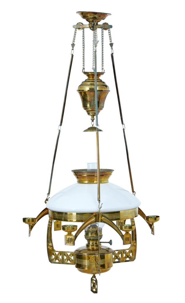 19TH CENTURY ARTS AND CRAFTS BRASS HANGING OIL CHANDELIER