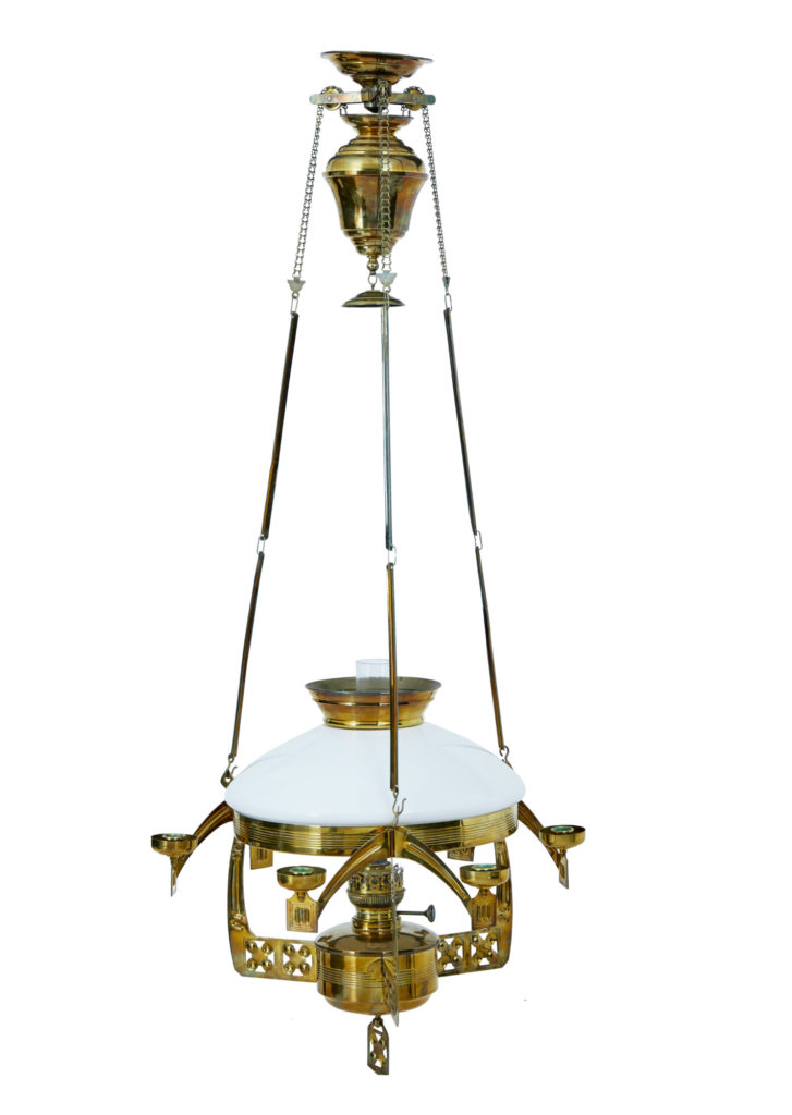 19th Century Arts and Crafts Brass Hanging Oil Chandelier — image 6