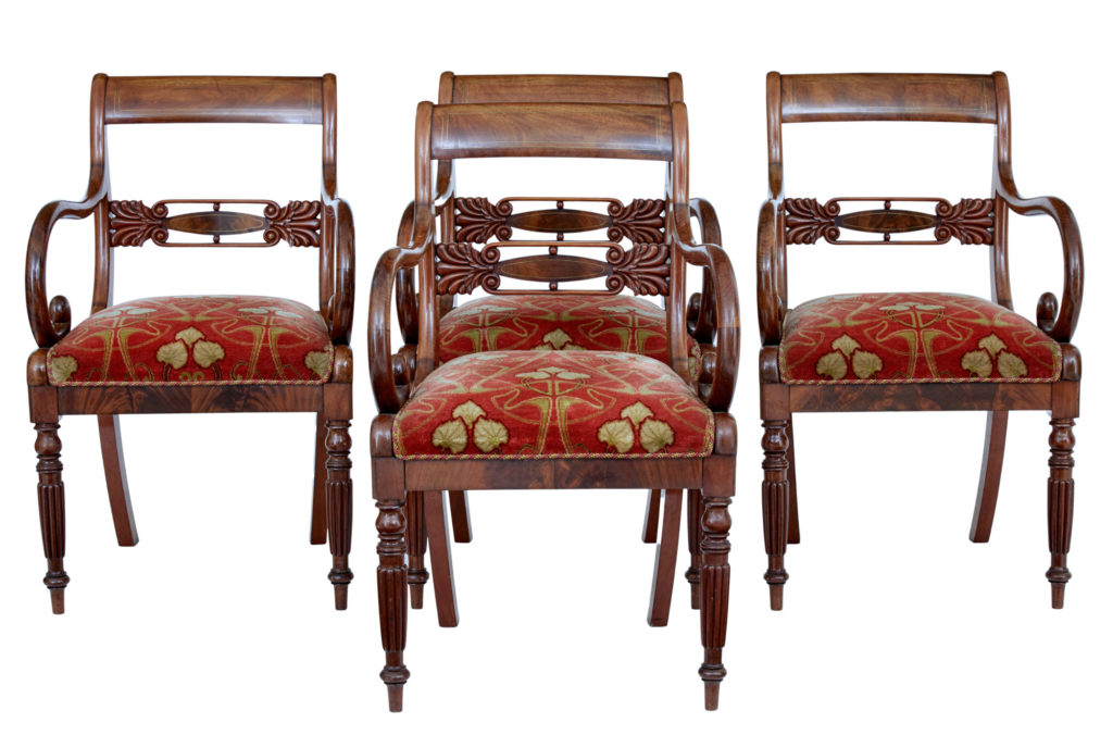 SET OF 4 19TH CENTURY DANISH FLAME MAHOGANY ARMCHAIRS