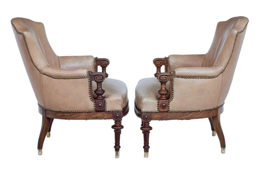 Pair of Late 19th Century Carved Walnut and Leather Armchairs — image 6