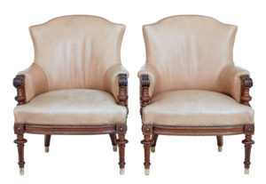 Pair of Late 19th Century Carved Walnut and Leather Armchairs — thumbnail 1