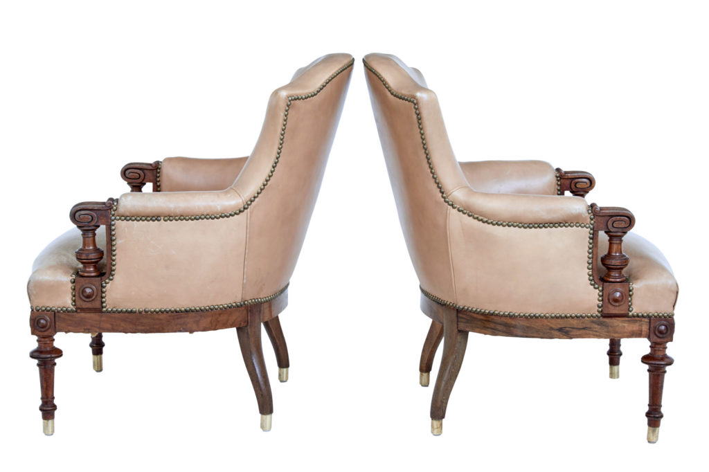 Pair of Late 19th Century Carved Walnut and Leather Armchairs — image 8