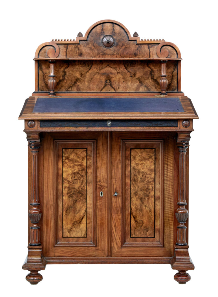 19th Century Carved Burr Walnut Davenport Writing Desk — image 9