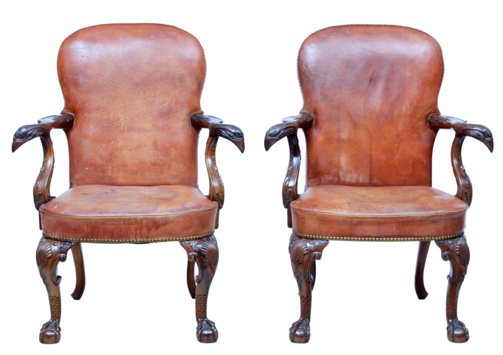 RARE PAIR OF MID 20TH CENTURY CARVED MAHOGANY ARMCHAIRS