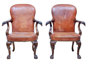 Rare Pair of Mid 20th Century Carved Mahogany Armchairs — thumbnail 1