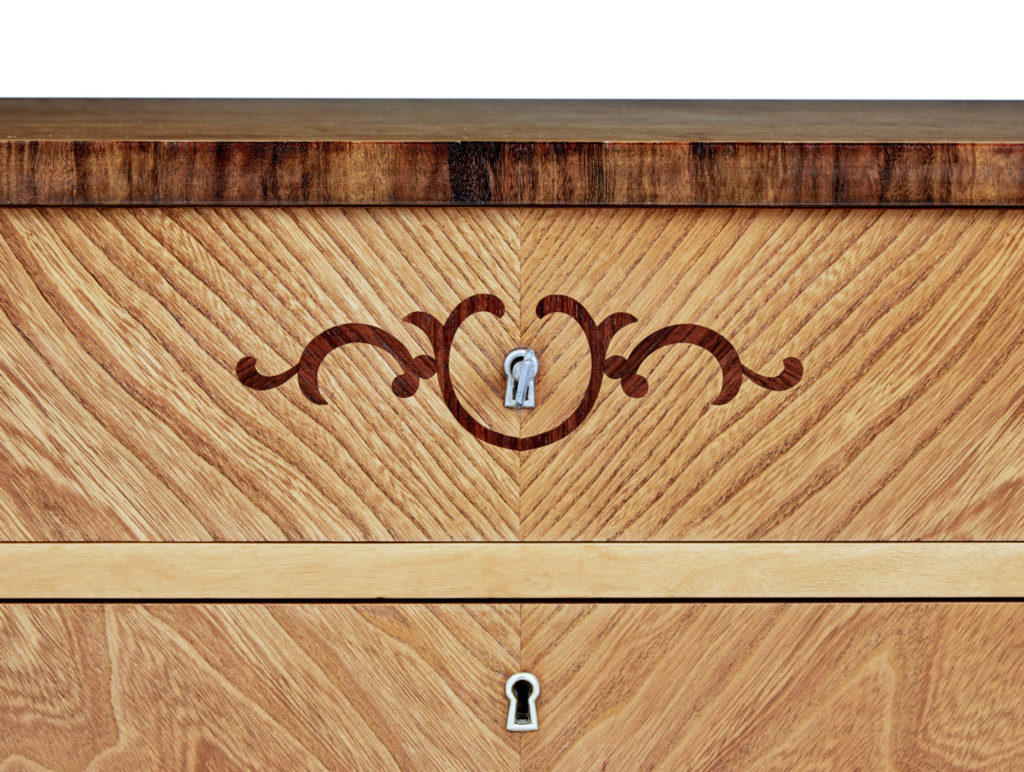 Mid 20th Century Scandinavian Inlaid Elm and Birch Chest of Drawers — image 4
