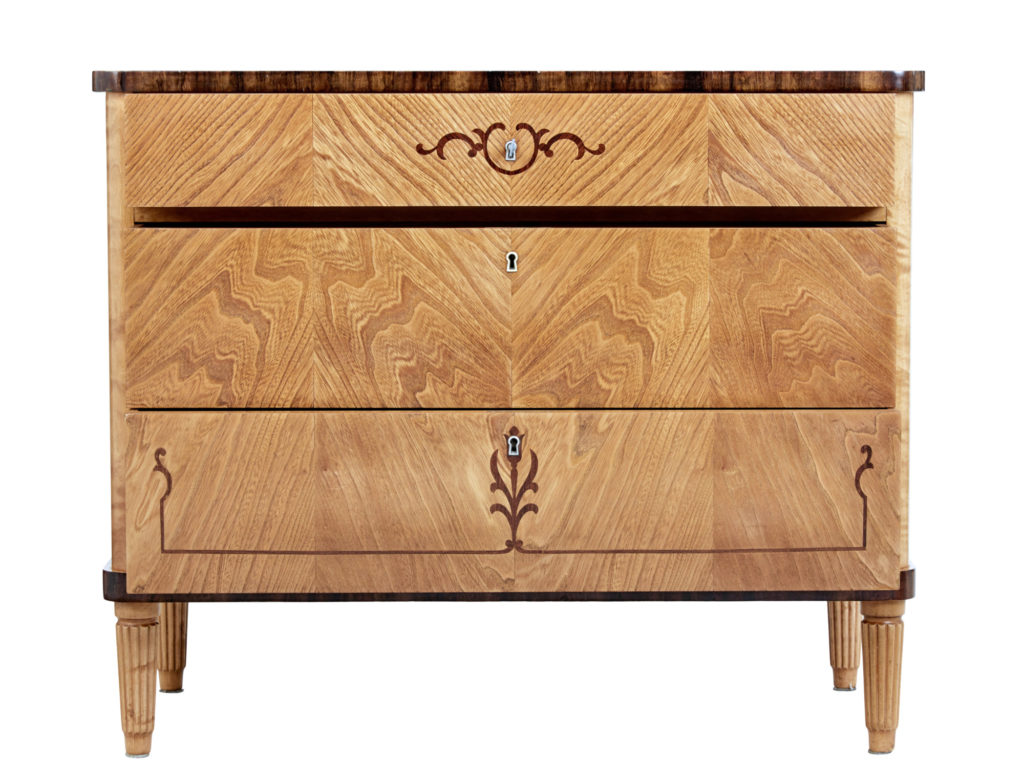 Mid 20th Century Scandinavian Inlaid Elm and Birch Chest of Drawers — image 8