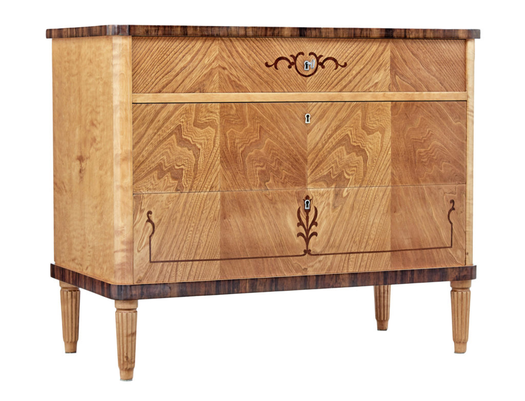 Mid 20th Century Scandinavian Inlaid Elm and Birch Chest of Drawers — image 1