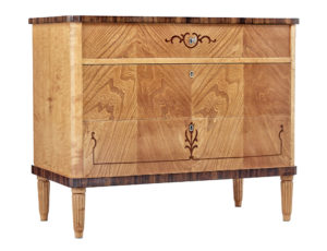 Mid 20th Century Scandinavian Inlaid Elm and Birch Chest of Drawers — thumbnail 1
