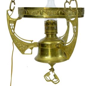 Late 19th Century Arts and Crafts Brass Adjustable Hanging Lamp — thumbnail 2