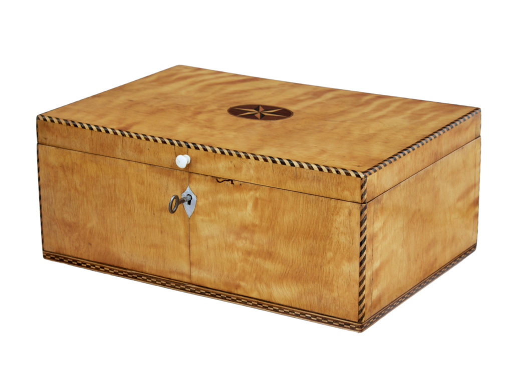 19th Century Birch Sewing Box with Stringing