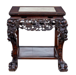 19th Century Carved Chinese Hardwood and Marble Top Table — thumbnail 2