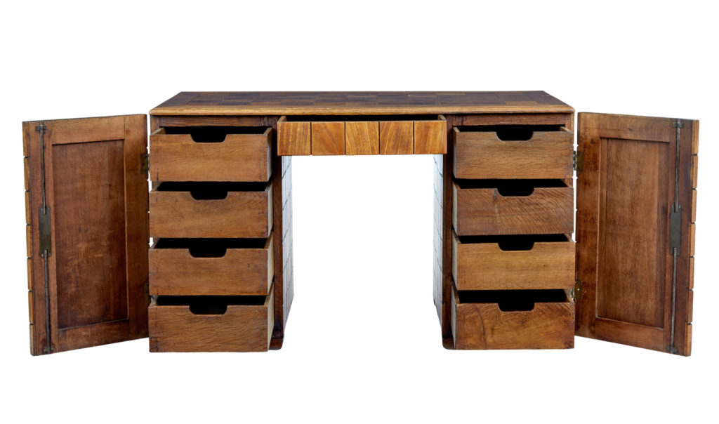 Unique Art Deco Handmade Teak Panelled Pedestal Desk — image 8