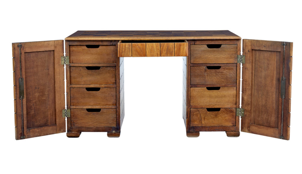 Unique Art Deco Handmade Teak Panelled Pedestal Desk — image 9