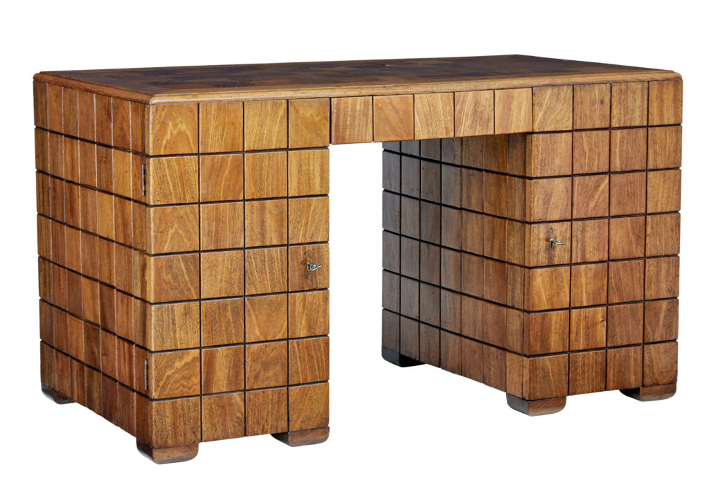 Unique Art Deco Handmade Teak Panelled Pedestal Desk