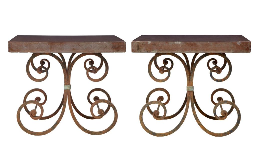 PAIR OF 1920’s FRENCH IRON BAKER TABLES MARBLE TOP