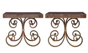 PAIR OF 1920’s FRENCH IRON BAKER TABLES MARBLE TOP